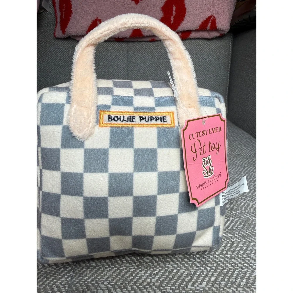 Simply Southern Boujie Puppie Plush Dog Toy Grey Checkered Handbag‎ Squeaky NEW